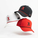 White, black, and red Redline performance running hats by Nightclubs Suck