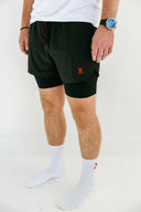 Black Apex performance running shorts with liner on model by Nightclubs Suck