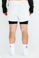White Apex running shorts compression liner detail by Nightclubs Suck