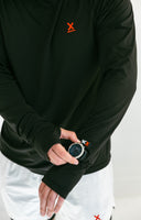 Athlete pulling up the hood of the black Flow lightweight hoodie by Nightclubs Suck