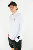 Athlete wearing the white Flow lightweight hoodie and black Apex shorts by Nightclubs Suck