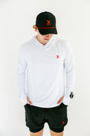 White Flow lightweight hoodie front with red X chest logo by Nightclubs Suck