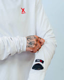 White Flow lightweight hoodie with thumbholes on model by Nightclubs Suck
