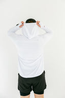 White Flow lightweight hoodie hood up on model by Nightclubs Suck