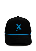 Black Queen City Charlotte running hat with blue X and blue rope by Nightclubs Suck