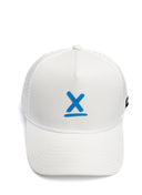 White Queen City running hat front view with blue X detail by Nightclubs Suck