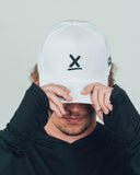 White Redline hat with black X back and hook and loop closure by Nightclubs Suck