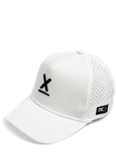 White Redline hat with black X three quarter view and perforated panels by Nightclubs Suck