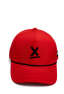 Red Redline running hat front view with black X and black rope by Nightclubs Suck