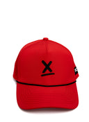 Red Redline performance running hat with black X and rope detail by Nightclubs Suck