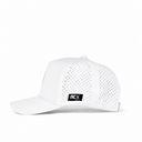 White on white Redline hat angled view with nc X side tag by Nightclubs Suck
