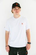White Threshold performance training tee on model by Nightclubs Suck