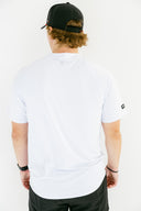 White Threshold performance tee front with red X chest logo by Nightclubs Suck