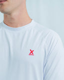 White Threshold performance training tee detail by Nightclubs Suck