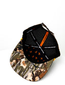 inside details of camo performance hat with orange X by Nightclubssuck