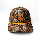 front view of camo performance hat with orange X by Nightclubssuck