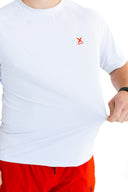 close up of stretchy material on model wearing performance tee with red X by Nightclubssuck